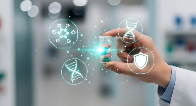 Modern Medicine Hand Holding Pills with DNA and Molecule Icons Overlay - Powered by Adobe