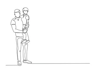 Happy father and son in single outline illustration. Continuous line art drawing of happy father having fun with son. Editable stroke.