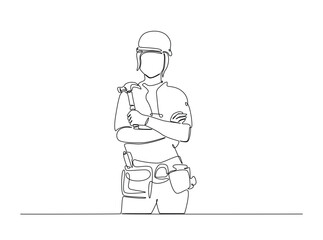Female carpenter in single outline illustration. Continuous line art drawing of female engineer, industrial concept. Editable stroke.