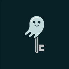 ghost key icon, cute spirit head, security concept logo, paranormal theme, playful horror branding, teal night background
