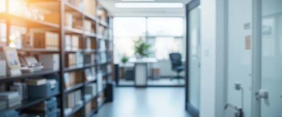 Softly blurred modern office interior with organized bookshelves and a brightly lit distant workspace