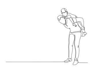 Happy father and son in single outline illustration. Continuous line art drawing of happy father having fun with son. Editable stroke.