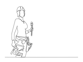 Female carpenter in single outline illustration. Continuous line art drawing of female engineer, industrial concept. Editable stroke.