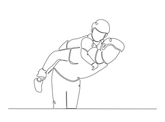 Happy father and son in single outline illustration. Continuous line art drawing of happy father having fun with son. Editable stroke.