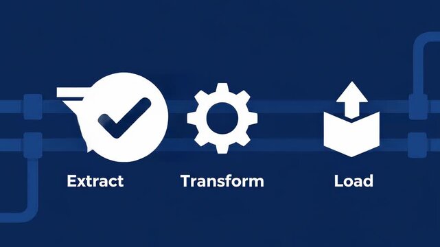 Flat ETL Orchestration: Extract, Transform, Load Icons March; Schedule Dial Rotates; Check Confirms