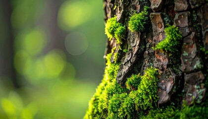 Close Up of Moss Growing on Tree Bark in Forest with Sunlight and Bokeh in Background during Spring Season