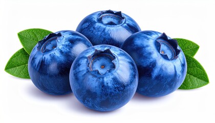 Obraz premium Vivid close-up of four plump, ripe, dark-blue berries with green leaves