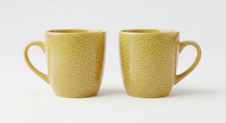 Pair of Vintage-Inspired Ceramic Mugs with Crackle Glaze, Faded Mustard Yellow, Nostalgic Studio Lighting, Isolated on White Background