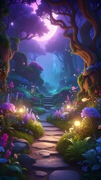 Magical forest path at night