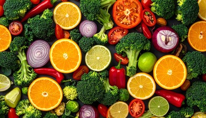 A vibrant, colorful food pattern composed of fresh, sliced vegetables and citrus fruits, including broccoli, oranges, red onions, tomatoes, and limes, against a dark background.