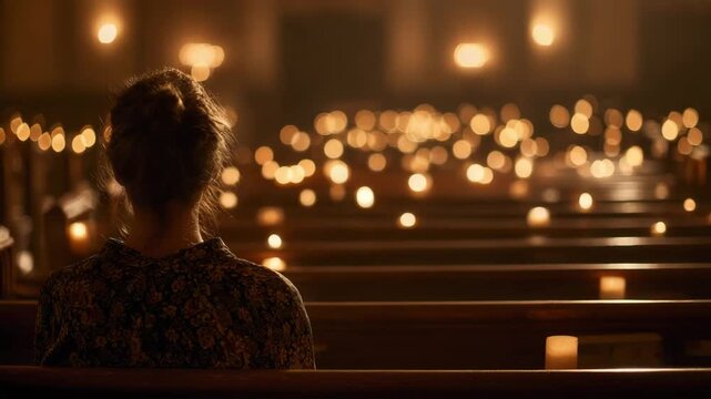 woman sitting alone in candlelit church reflecting quietly in emotional atmosphere