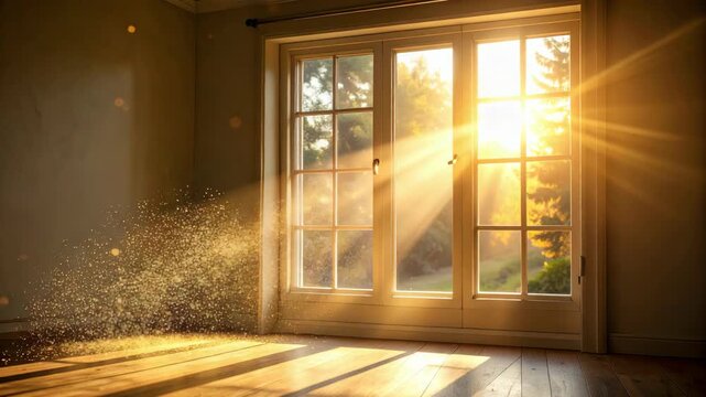 Warm interior with sunshine streaming through a bright window creating dusty sunbeams and a clean and bright idyllic scene indoors