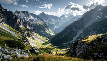 Fototapeta premium Dramatic Mountain Range Landscape with Green Valley and Sunlit Peaks Under Partly Cloudy Sky Wide Angle View