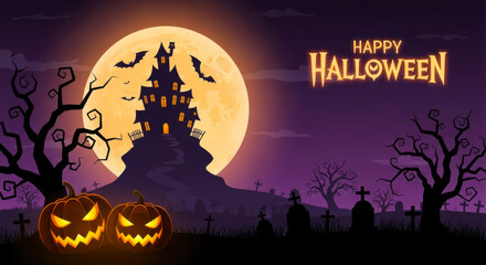Haunted house on a hill under a full moon with pumpkins and graves for halloween