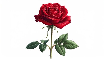 Vibrant, single red flower with detailed petals, stem, thorns, and leaves on white