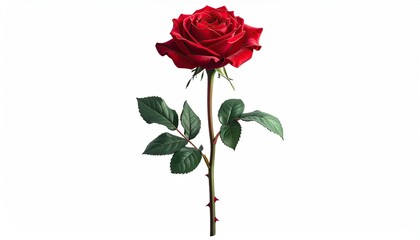 Vibrant red rose with green stem and leaves against a clean white backdrop