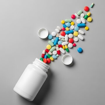 Pharmaceuticals in a cascade of color: medications spilling from a white container on a grey backdrop