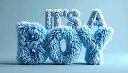 Blue furry text reads "It's a Boy", floating against a solid pale blue background, celebrating new birth
