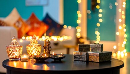 Diwali Celebration with Glowing Diyas Lanterns and Gift Boxes Festive Home Decor