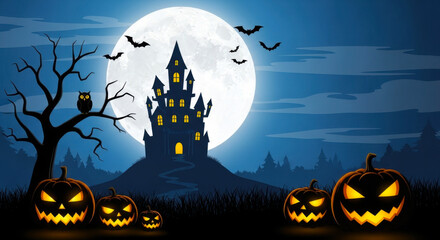 Haunted castle on a hill under a large full moon with jackolanterns and bats
