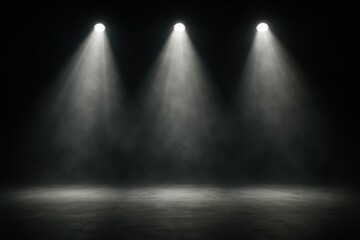 Obraz premium Three bright spotlights reveal empty stage with faint haze and deep black background theatrical mood