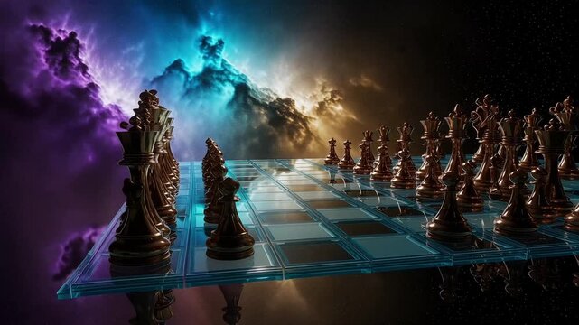 Strategic chess game unfolds against a stunning cosmic backdrop, symbolizing intellect, strategy, and cosmic competition in a high-stakes battle of wits