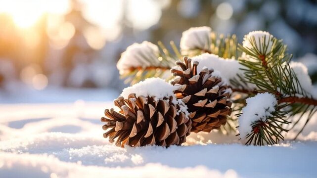 Pine cones in snow sunlight