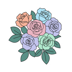 Pastel Rose Bouquet Illustration with Colorful Blooms and Green Leaves on White Background