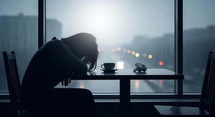 Woman Deep in Thought at Rainy Cafe.