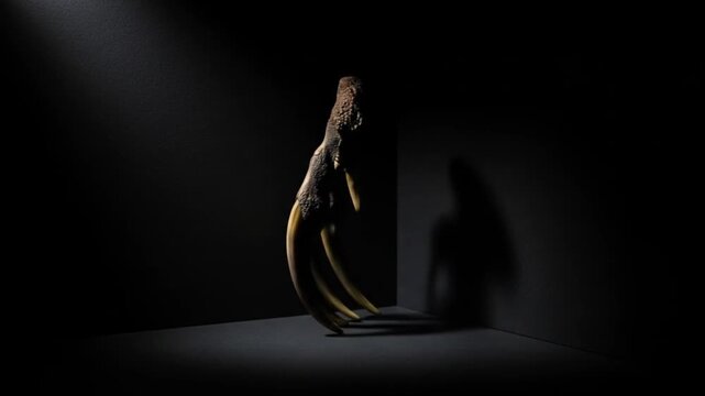 Walrus skull tusk in darkened corner