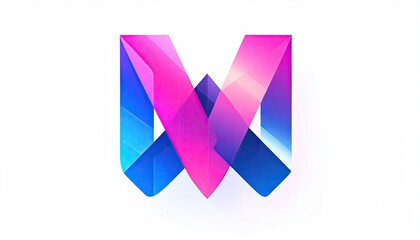 Bold, layered geometric letter "M" in gradient hues on a bright white background