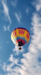 Obraz premium Colorful hot air balloon floats in a partly cloudy sky