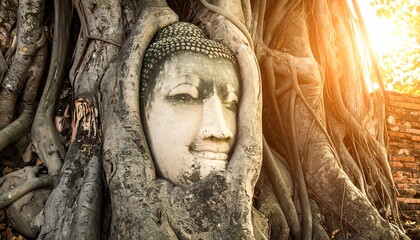 Weathered stone Buddha head intertwined by ancient tree roots; sunlight beams through leaves