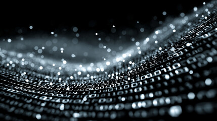 Abstract waves of binary code forming a futuristic digital background. Flowing streams of data represent information technology, coding, and the virtual world. Ideal for tech and innovation themes.