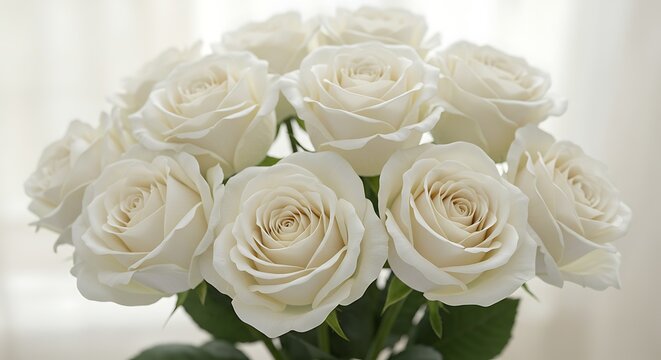 Elegant bouquet of pristine white roses conveys purity serenity and gracefulness