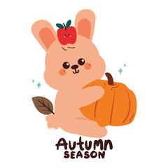 cute cartoon bunny with apple and pumpkin for autumn card and wallpaper