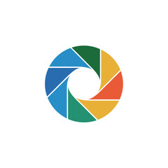 Color wheel aperture symbol, segmented shutter circle, photo agency logo, vibrant creative identity, clean geometric vector