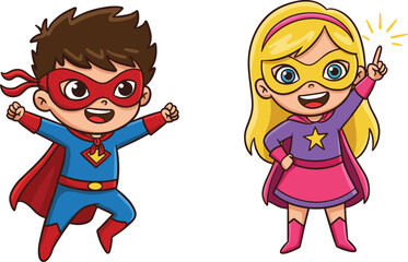 Cartoon superhero kids, flying children, fantasy costumes, heroic play, comic style, empowerment art, adventure design, playful characters, creative illustration, dynamic action