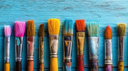 Fototapeta premium Colorful Paint Brushes on Bright Blue Wooden Table Surface