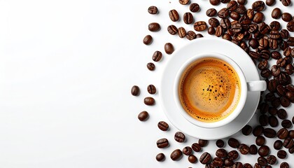 Fototapeta premium Overhead shot of a white cup of espresso surrounded by coffee beans on white
