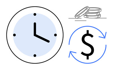 Clock face, dollar sign with arrows, stack of coins highlight time value, saving, financial planning. Ideal for time management, investment, saving, wealth productivity budgeting simple flat