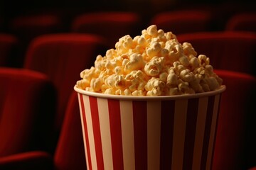 Close up striped popcorn tub overflowing with kernels in red cinema seats ambient light