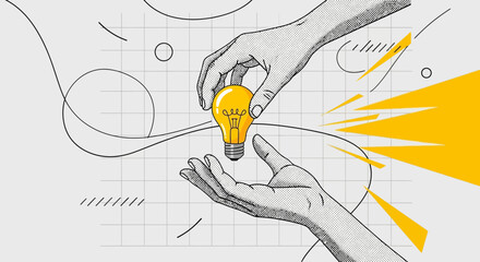 Illustration of one hand giving a glowing lightbulb to another, symbolizing sharing ideas and innovation. © Hadi