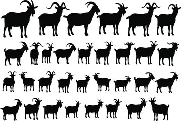 Goat silhouette collection, farm animal poses, livestock vector set, black goat icons, rural wildlife illustration, domestic animal shapes, editable goat graphics