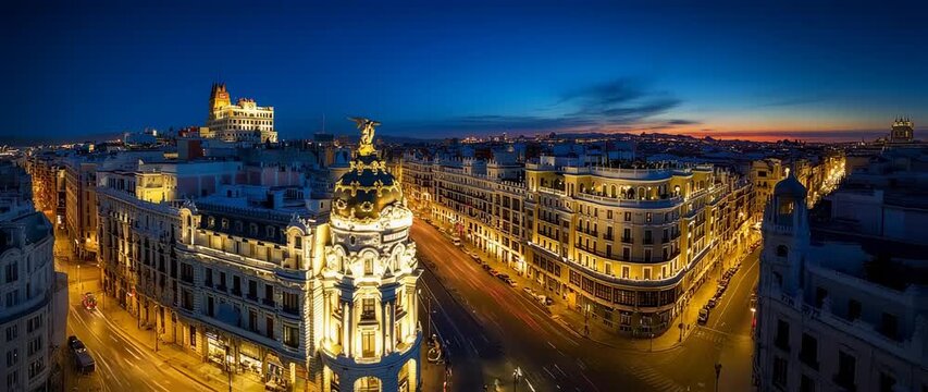 Madrid's Metropolis Building Aerial Timelapse at Dusk - Captivating Cityscape and Architecture View