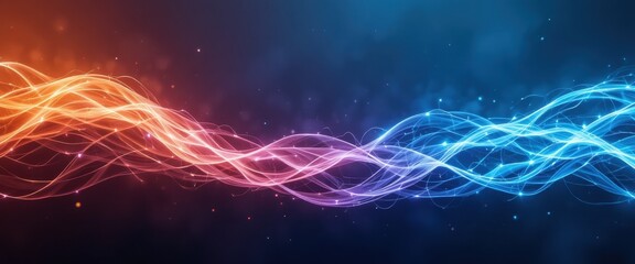 Vibrant glowing abstract wave lines in orange pink and blue against a dark gradient background with sparkling particles