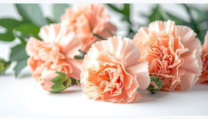 Peach carnations & unopened buds with green leaves on a clean white surface