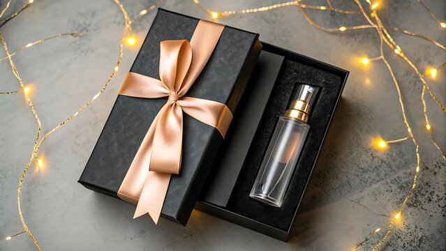 Luxury perfume bottle in elegant black gift box with pink ribbon

