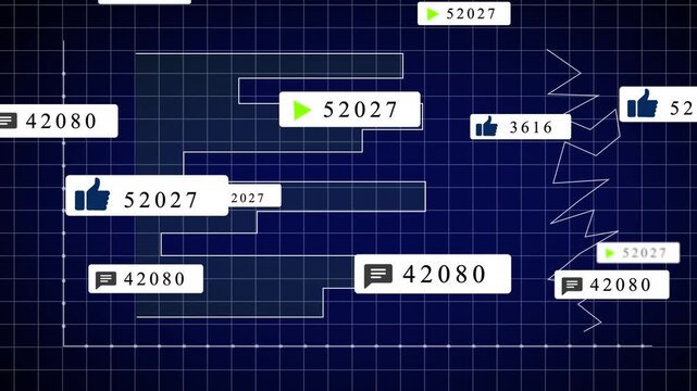 Social media engagement metrics graph with likes comments and play counts increasing over time on a dark blue grid background digital data visualization concept - Powered by Adobe