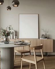 Elegant Minimalist Dining Room Interior with Modern Furnishings and Blank Frame for Art Mockup Display